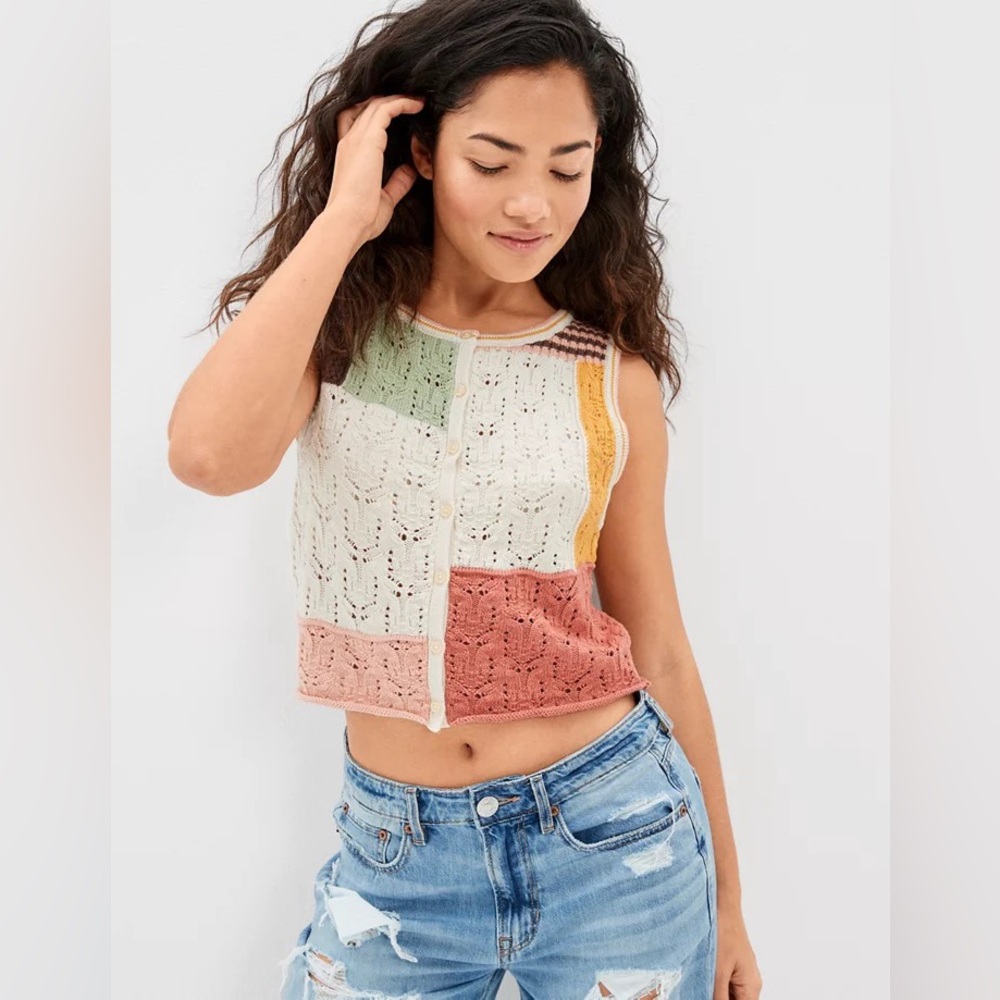 American Eagle Patchwork Button Up Knit Sweater V… - image 1